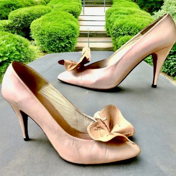 MARTINEZ VALERO Vintage 80's Pump Heels Leather Big Flower Womens 8.5 Spain - Picture 3 of 15